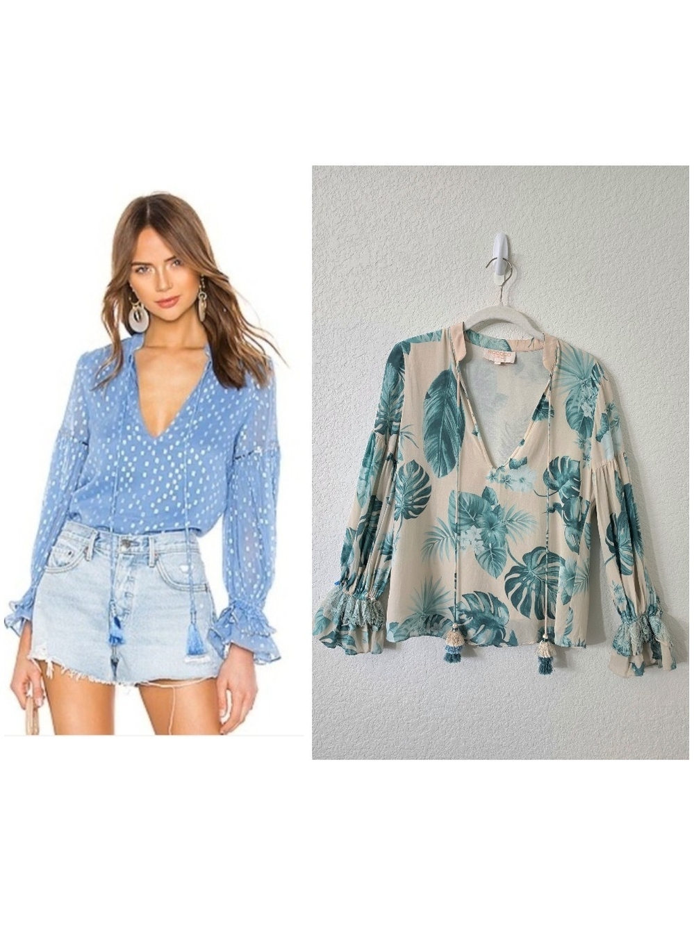 Rococo Sand Echo Leaf Silk Lace Boho Blouse Top S Tassels Poet Sleeves Tie Neck